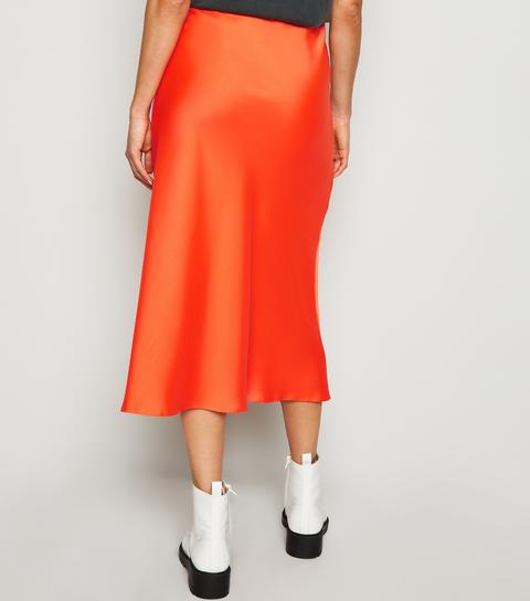 Bright Orange Bias Cut Satin Midi Skirt New Look