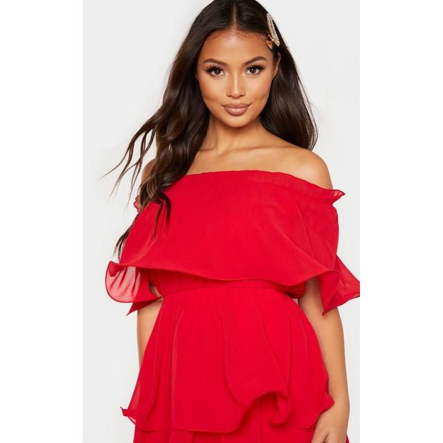 chiffon bardot ruffle tiered dress