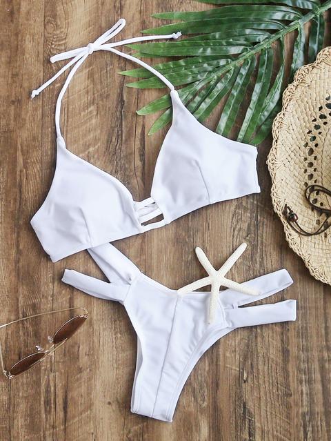 Set Bikini Sexy Halter Con Abertura Blanco