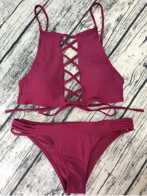 Bikini Con Cuello Alto Con Tira Cruzada Wine Red