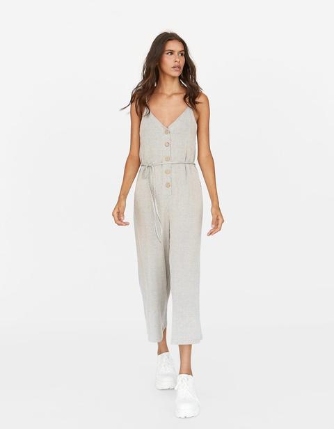 Langer Jumpsuit Mit Trägern Und Knöpfen Schwarz