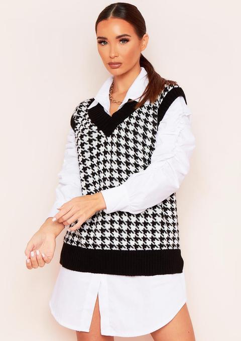 Sana Black & White Dogtooth Thick Knitted Vest Top