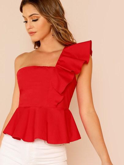 Top Peplum Ribete Fruncido Con Un Hombro