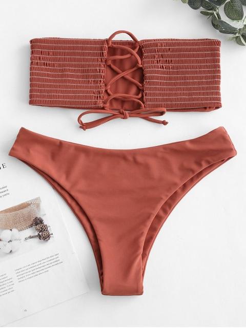 Zaful Bikini Smocked Con Cordones Bee Yellow Chestnut Red Mauve Rosy Finch