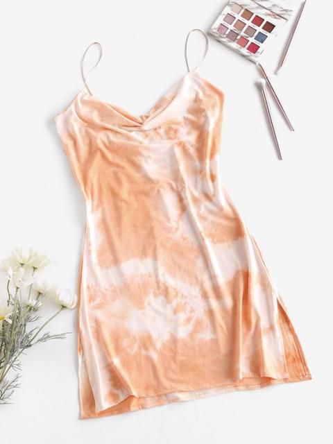 Cowl Neck Tie Dye Side Slit Cami Dress Gray Light Blue Light Orange Light Purple Multi