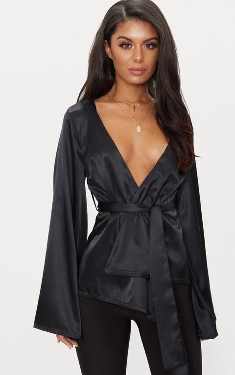 Black Satin Flared Sleeve Belted Blazer