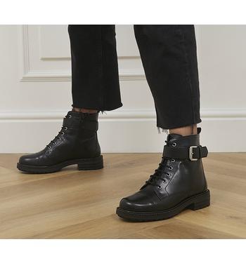 Office Alpaca Buckle Lace Up Biker Boots Black Leather