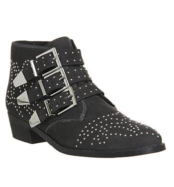 Office Lucky Charm Studded Buckle Western Boots Grey Nubuck Silver Hardware