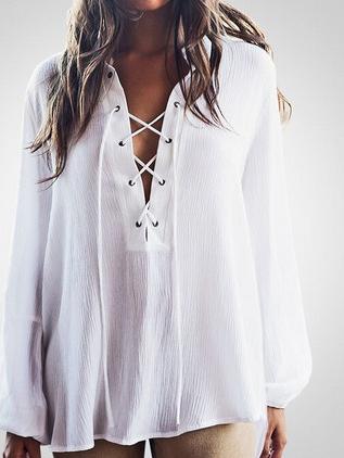 Blusa En Gasa Alto Bajo Con Cordones En El Cuello -blanco