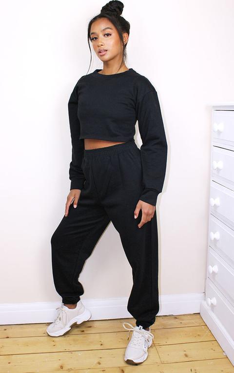 Petite Black Cropped Sweat And Joggers Set