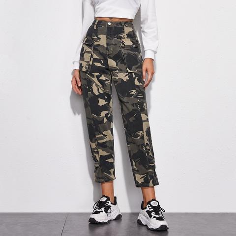 High Waisted Flap Pocket Camo Cargo Jeans