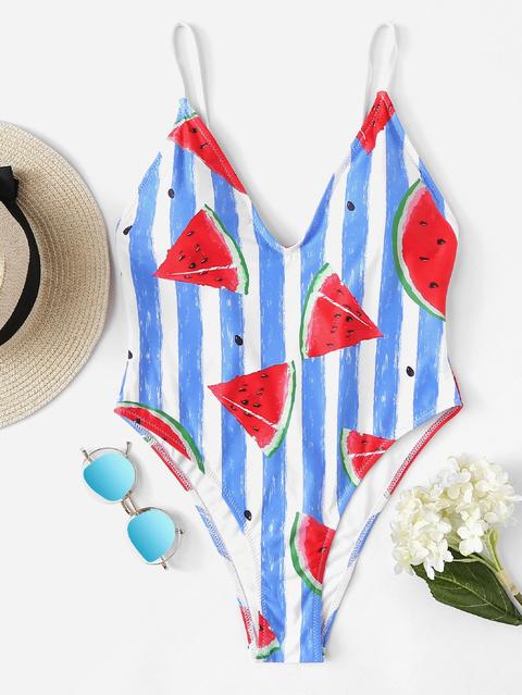 Watermelon Print Striped Swimsuit