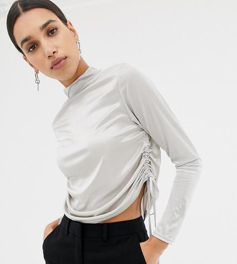 Missguided Ruched Side Long Sleeve Crop Top In Silver