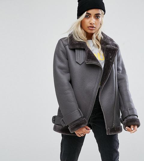 Asos Petite - Giacca Stile Aviatore In Pelle Sintetica - Grigio