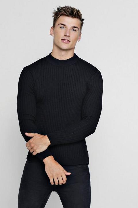 Muscle Fit Ribbed Turtle Neck Jumper