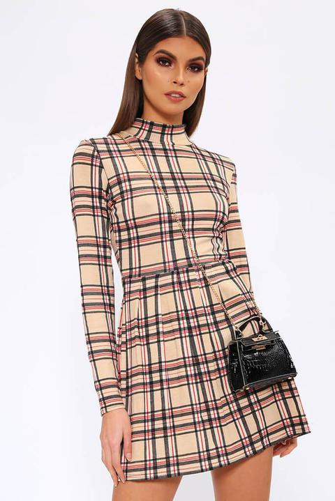 Camel Check Print High Neck Skater Dress