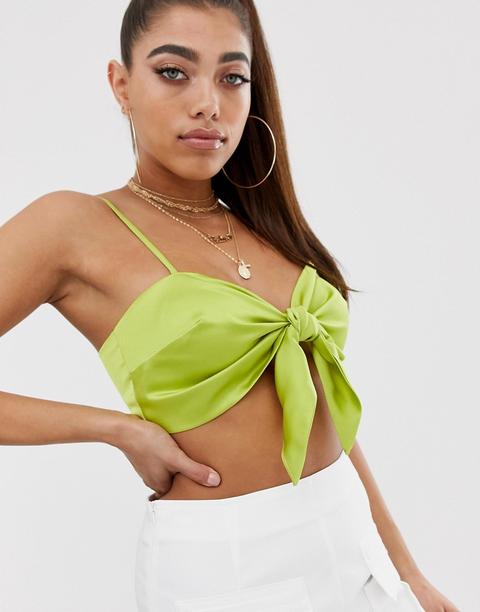 Missguided Hammered Satin Tie Front Bralet In Lime