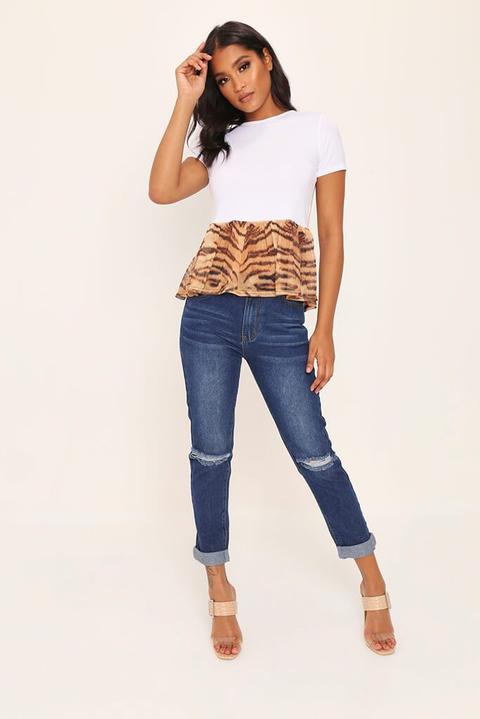 White Tiger Print Frill Hem T