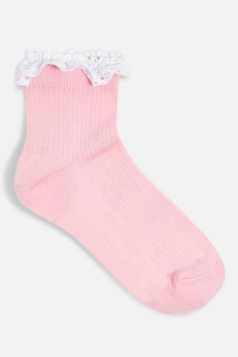 Womens Lace Trim Frill Socks - Pink, Pink