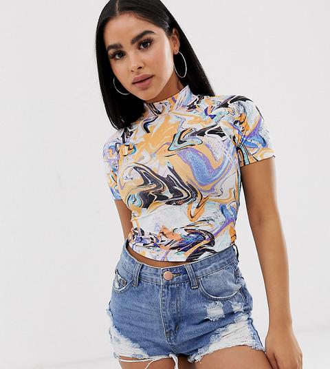 Asos Design Petite - Top Ajusté À Manches Courtes Avec Imprimé Effet Marbre-multi