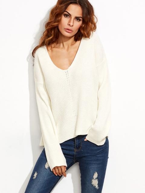 Jersey Escote V De Textura Manga Dolman - Blanco