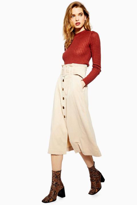 Corduroy Belted Midi Skirt