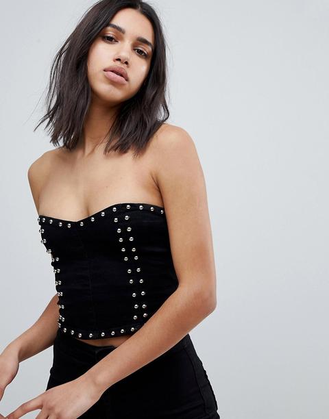 Liquor N Poker Denim Corset With Stud Detail - Washed Black