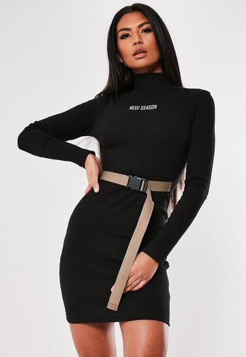 Black New Season Belted Bodycon Mini Dress, Black