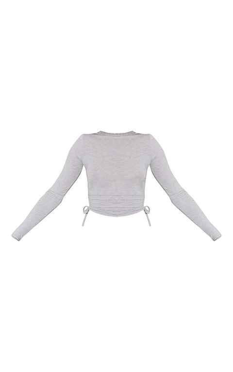 Grey Jersey Ruched Side Long Sleeve Crop Top