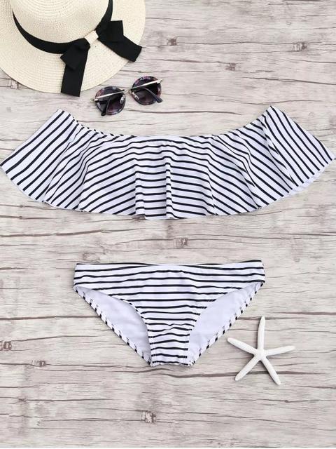 Stripe Volantes Fuera Del Conjunto De Bikini Hombro