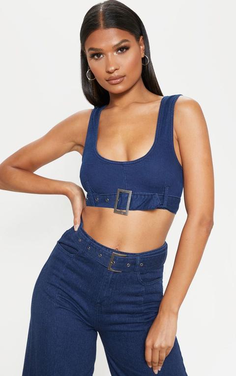 Dark Wash Buckle Denim Bralet, Dark Blue Wash