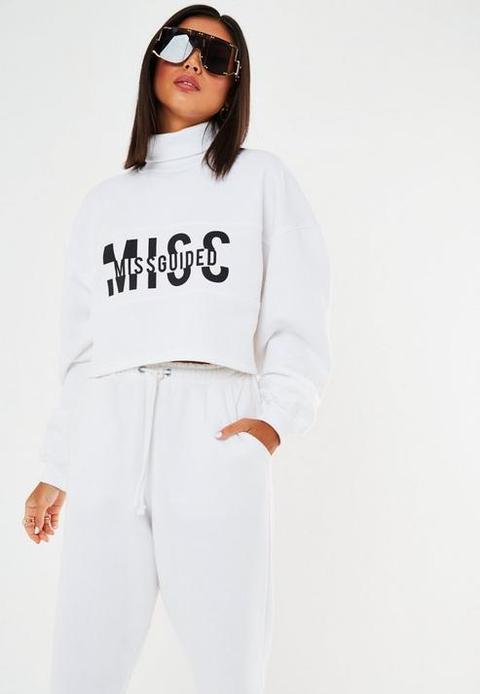 White Missguided Slogan Print Roll Neck Sweatshirt, White