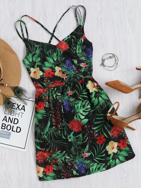 Floral Leaf Print Random Criss Cross Backless Cami Dress