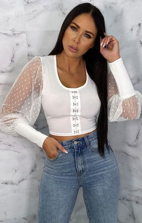 White Polka Dot Mesh Sleeve Cuffed Crop Top - Stacey