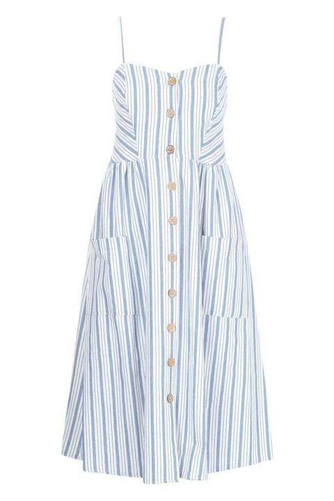 stripe button through linen midi dress