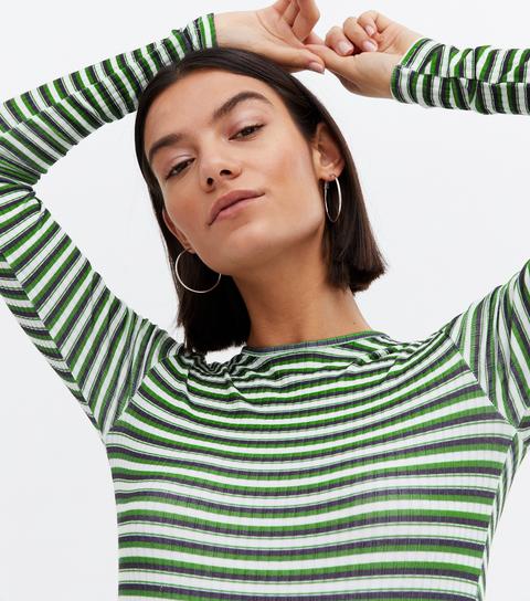 Green Stripe Ribbed Crew Neck Bodysuit New Look