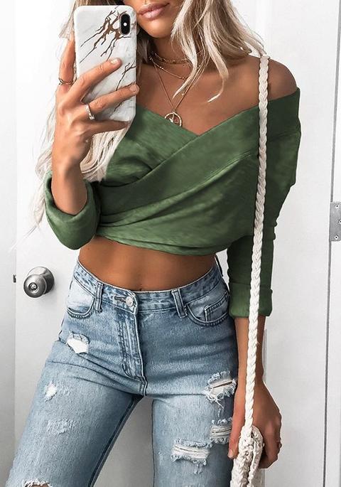 Maglietta Scollo Corto Ritagliato Manica Lunga Moda Verde
