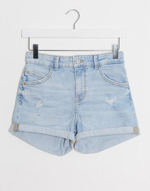 Bershka Roll Up Denim Short In Light Blue