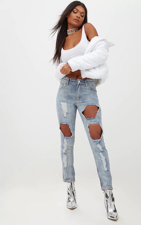 Light Wash Front & Back Distressed Rip Mom Jean, Light Blue Wash