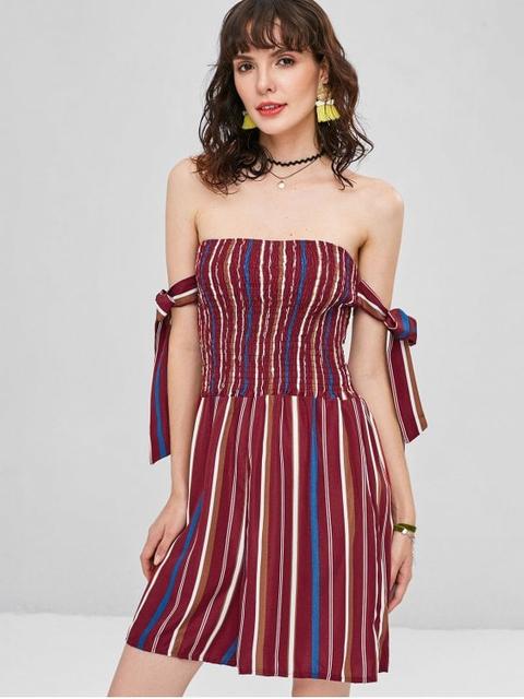 Shirred Striped Off The Shoulder Romper