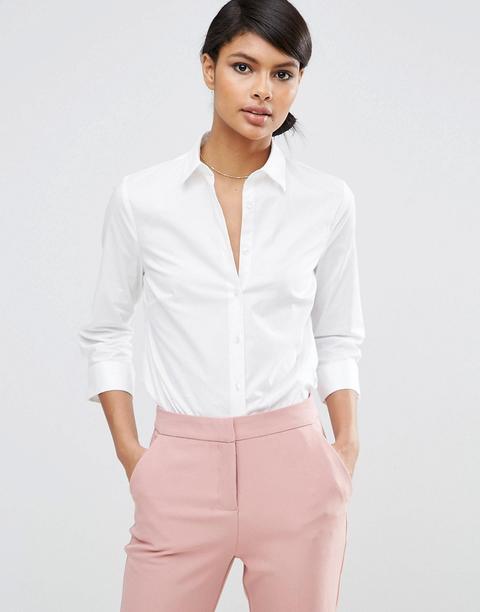 Asos Design 3/4 Sleeve Shirt In Stretch Cotton-white