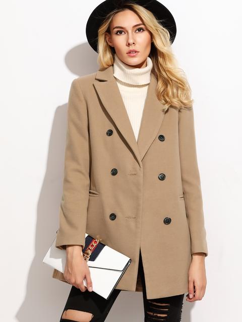 Camel Double Breasted Coat With Welt Pocket