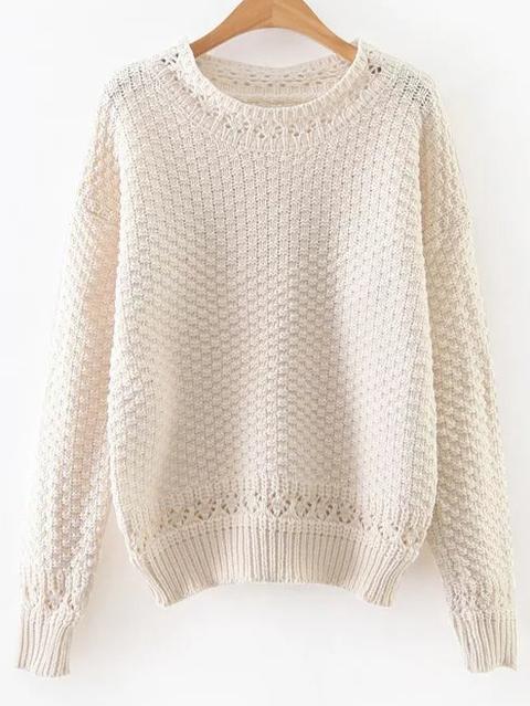 White Hollow Out Crew Neck Sweater