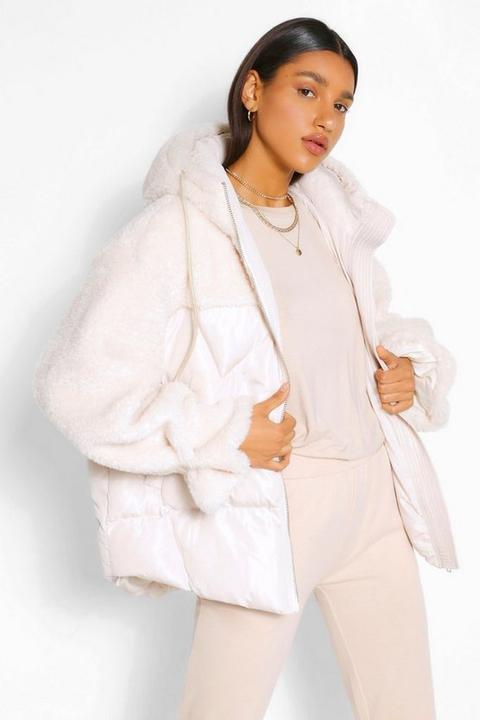 Womens Teddy Fabric Mix Puffer Jacket - White - 16, White