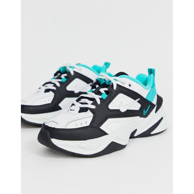 nike m2k tekno trainers in black white and green