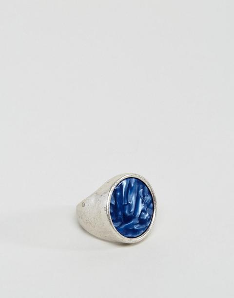Asos - Anello Argento Brunito Con Sigillo E Pietra Blu - Argento