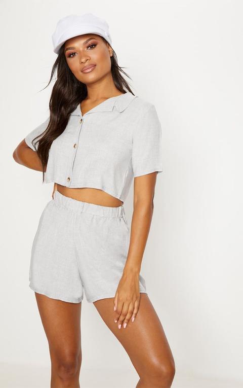 Grey Cropped Short Sleeve Button Shirt