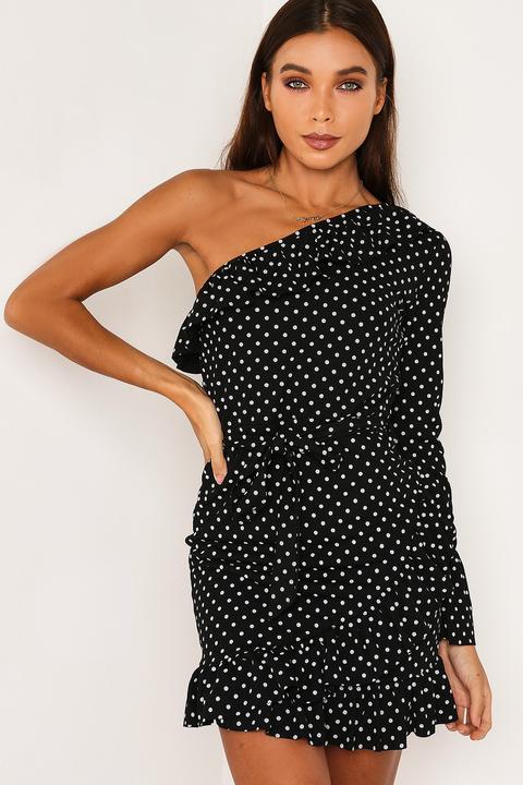 Black Polka Dot One Shoulder Tea Dress