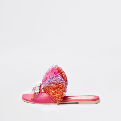 ​pink Raffia Fringe Gem Sandals