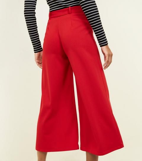 Dark Red D-ring Belt Cropped Trousers New Look